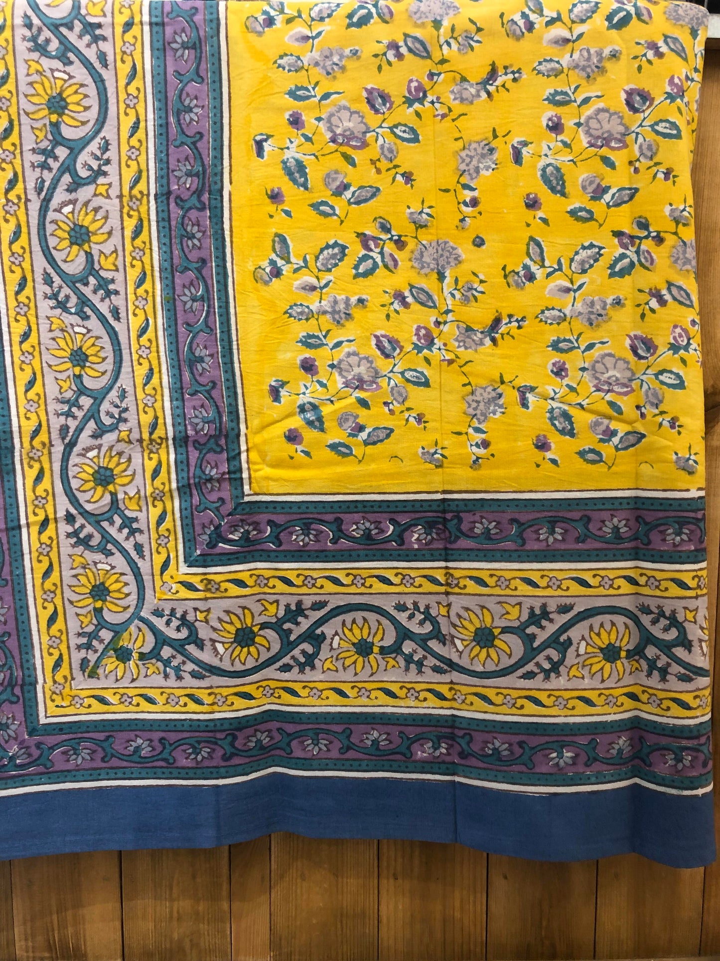 Nappe rectangle 2m70 Couleur Nature Joy jaune bleu en coton artisanal