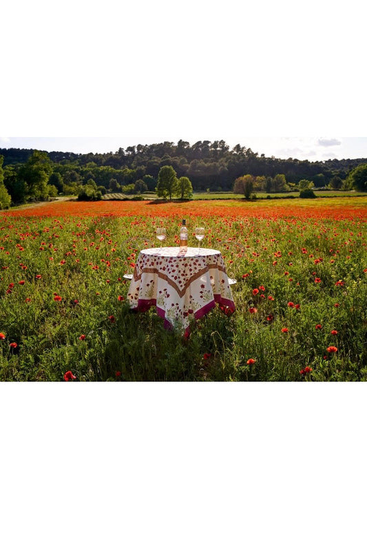 Nappe carrée 150x150 cm Couleur Nature Coquelicot en coton artisanal