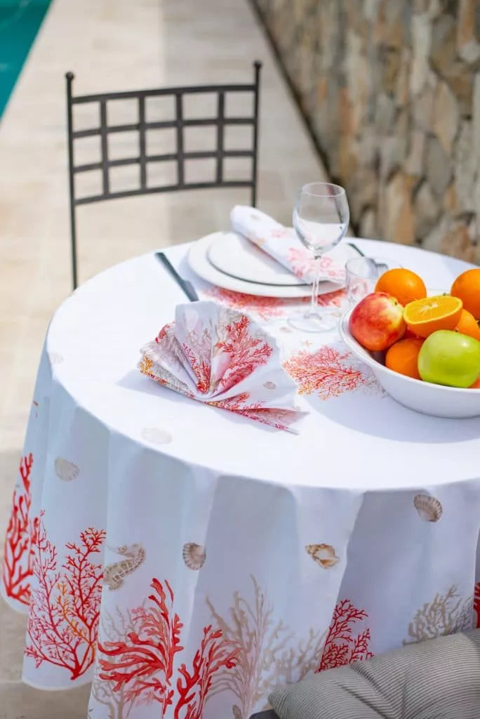 Round coated tablecloth Ø180cm Lagon coral