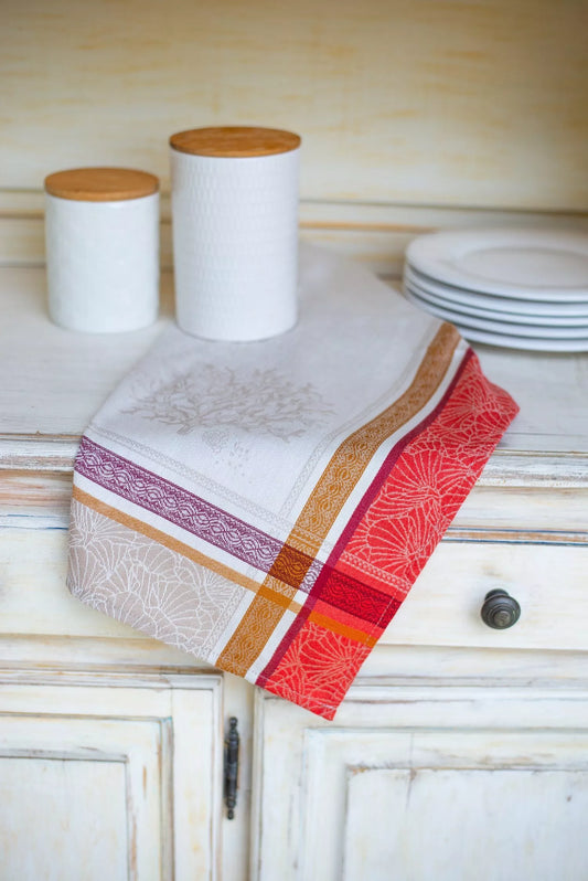 Torchon Océane écru rouge en coton jacquard